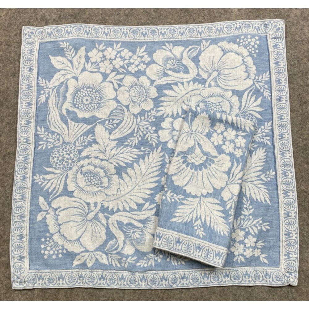 Williams Sonoma Vintage Floral Jacquard Napkins Blue Cotton Linen Set of 2